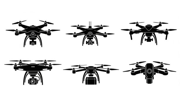 Drone silhouettes vector set with quadcopter racing and delivery UAV shapes in clean black solid style