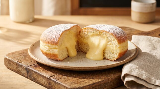 Delicious cream-filled doughnut dusted with powdered sugar, cut in half to reveal creamy filling.