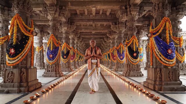 Hindu Priest Praying in Decorated Ancient Indian Temple