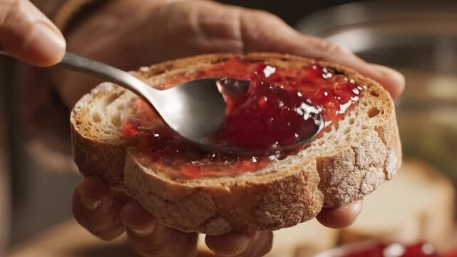 Bread slice with red jam being spread for appetizing food commercials and menu design