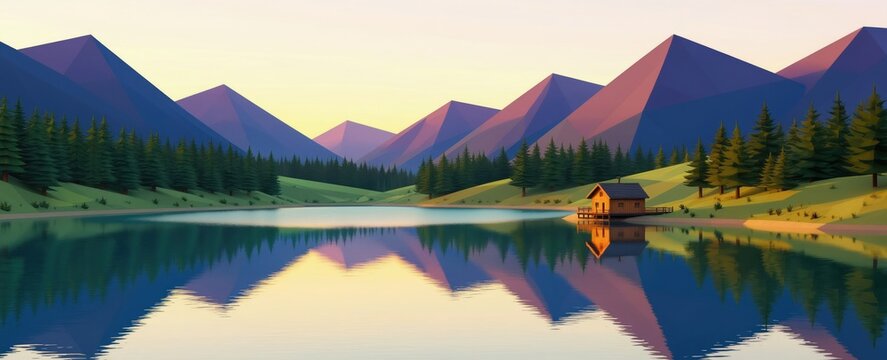 Wooden cabin sits by calm lake reflecting polygon mountains. Pine trees cover green hillsides. Low poly art style shows clear sky and sunrise colors. Nature scene graphic.