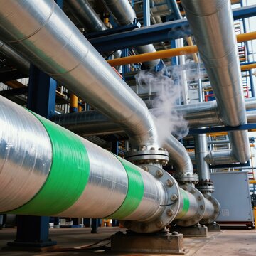 Industrial pipeline system with insulated pipes and visible steam release. Complex network of metal tubes for fluid transportation and heat transfer in a facility.