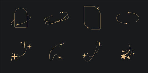 Sparkle star frame. wreath round stardust border for party, birthday decor design. laurel frame with, cosmic glitter shine. isolated black flat vector illustration. © yoojin