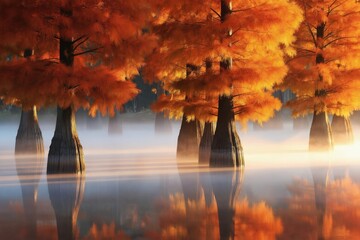Obraz premium Cypress trees with orange needles stand in a misty lake reflecting golden sunshine. Autumnal mist surrounds the water and tree trunks, creating tranquil natural scenery with warm colors.