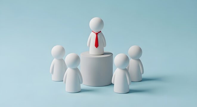 White figurine with red tie standing on pedestal addressing four others