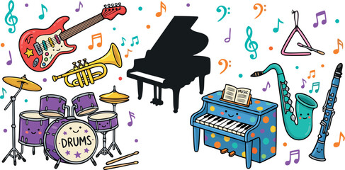 Colorful Cute Musical Instruments Set With Piano Drums Guitar Saxophone Trumpet And Musical Notes Vector Illustration © MdMojnu