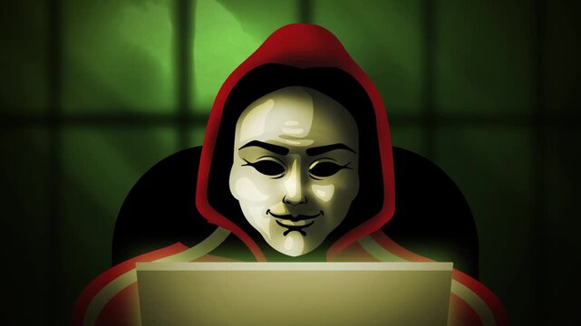 masked anonymous hacker in hoodie writing malicious code