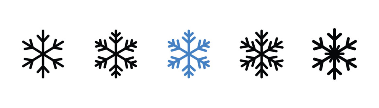 Snowflake line art icon set with winter ice cold frost symbols, decorative crystal season vector illustration