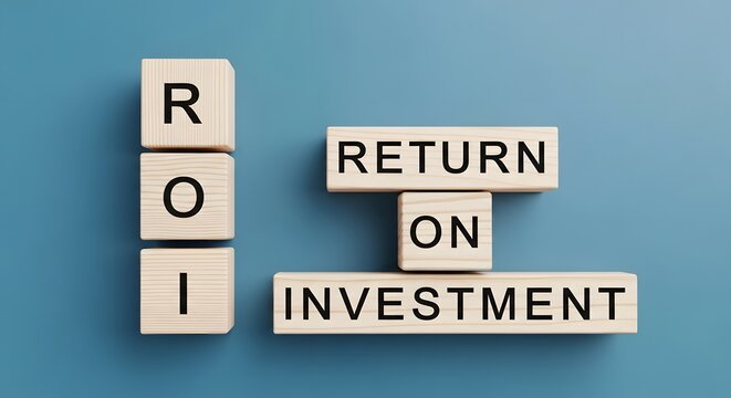 Wooden blocks with ROI and return on investment on blue background