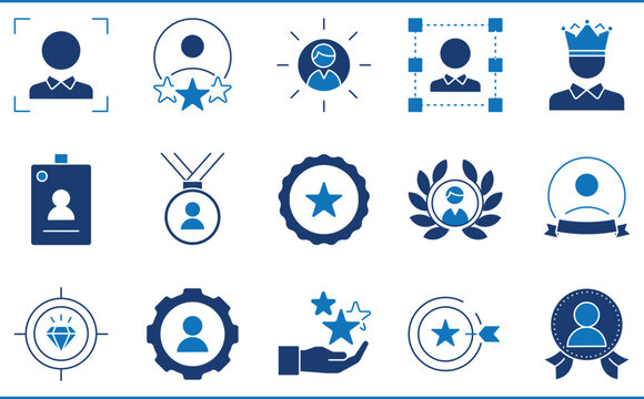 A set of icons related to Personal Branding. Value, success, post, position, scarf, medal, crown, and so on.