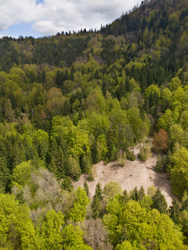 Aerial view of Maria Mine Spoil Heap surrounded by a lush mixed forest of pine and beech trees under a cloudy sky in Spania Dolina, Banska Bystrica Region, Slovakia.