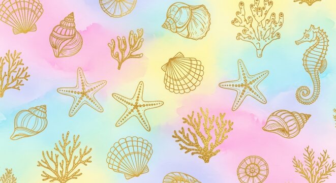 Golden seashell and starfish pattern on pastel watercolor background. Marine life illustration with ocean elements. Decorative texture for summer design, wallpaper and gift wrapping.