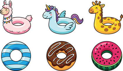 Fototapeta premium Colorful Inflatable Swimming Rings Set Featuring Cute Animals And Food Designs For Summer Pool Party Vector Illustration