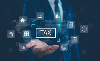 Fototapeta premium Business professional presenting tax concept with financial icons, global economy, accounting, calculation, payment, compliance, audit and revenue management for corporate finance and taxation systems