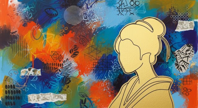 Golden silhouette of woman in traditional attire on abstract colorful background. Modern contemporary artwork with geometric patterns and layered textures. Artistic fashion design concept.