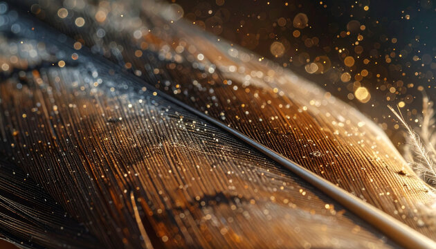 Close up of a detailed bird feather with intricate textures and sparkling bokeh