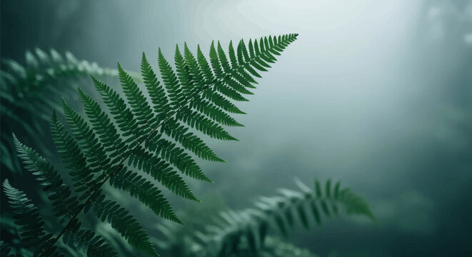 Detailed close-up of a green fern frond extending diagonally against a blurry, misty background of a foggy temperate forest, showing botanical patterns and natural textures.