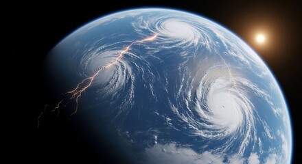 Earth with storms and lightning strikes against a dark backdrop