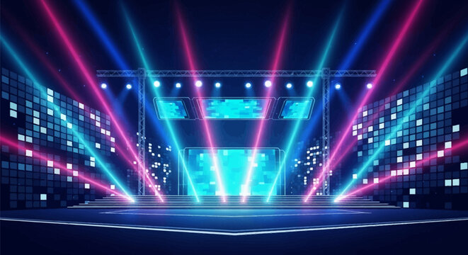 Digital illustration of a futuristic event stage featuring neon blue and pink spotlights, laser light beams, a pixelated LED backdrop, and metal trussing for concert performances.