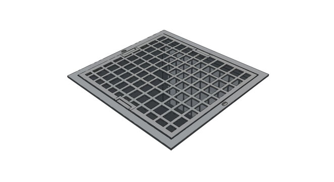 Square metal floor grate cover for drainage or ventilation, featuring a heavy-duty grid pattern and industrial gray steel frame, isolated on a plain white background for design.
