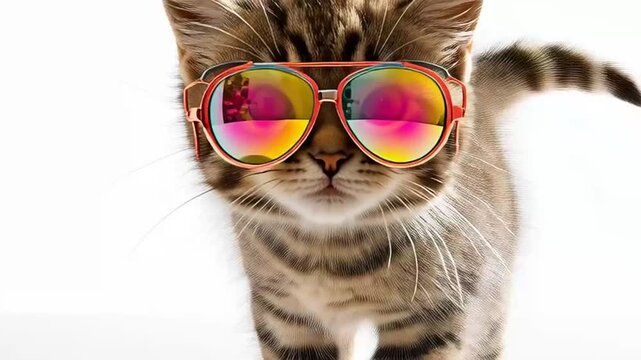Close up of a funny gray tabby cat wearing sunglasses