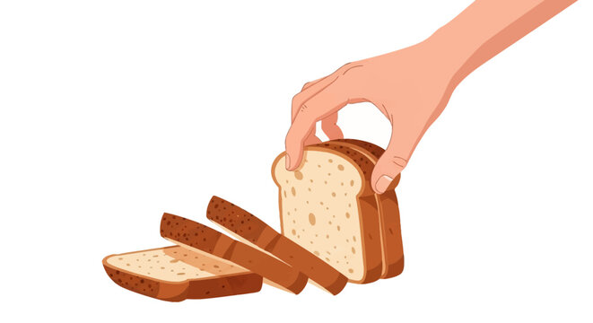 Illustration of a human hand picking up a single slice of whole grain wheat bread from a stack of freshly sliced loaf pieces, isolated on a plain white background for food design.