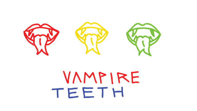 Collection of colorful crayon box vampire teeth icons in simple crayon nobody doodle style on transparent background. Perfect for Halloween, horror themes, and creative crayon border graphic design