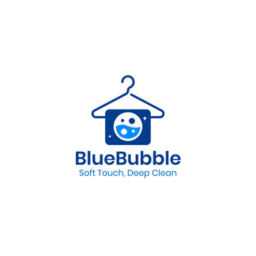 Bluebubble Professional Laundry and Dry Cleaning    logo Template with Hanger Icon