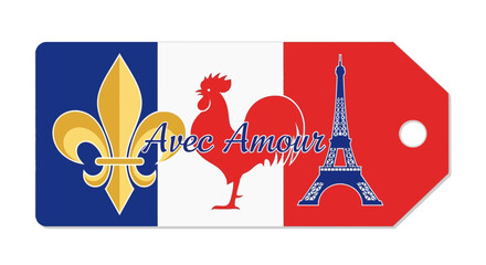 French Flag Tag with Rooster, Eiffel Tower and Fleur-de-lis, "Avec Amour" © Raffa