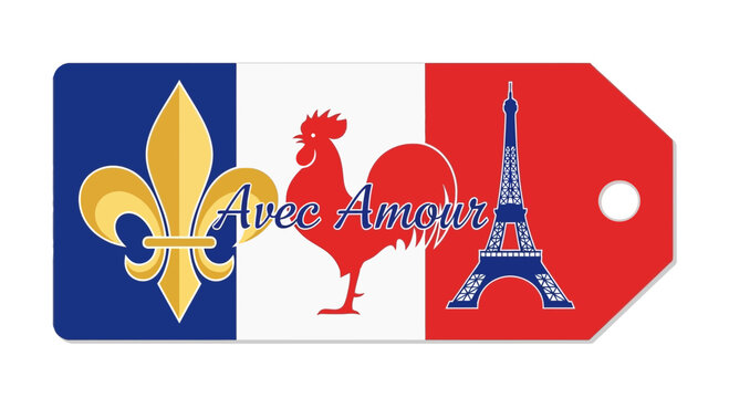 French Flag Tag with Rooster, Eiffel Tower and Fleur-de-lis, "Avec Amour"