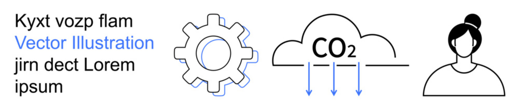 Sustainability, carbon emissions, climate change, technology, human impact, environmental awareness. Gear mechanism, CO2 cloud with arrows and female silhouette. Sustainability and carbon emissions