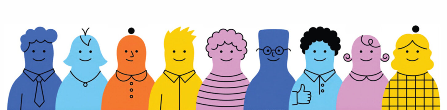Minimalist colorful people avatars in a row, diverse group of smiling character icons, hand drawn flat vector illustration for community and teamwork