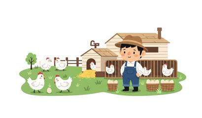 A cheerful farmer stands proudly with his flock of chickens on a farm © MdRimon