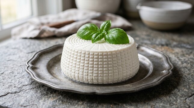 Fresh ricotta cheese with mold texture on a vintage pewter plate garnished with basil leaves - grey stone background.