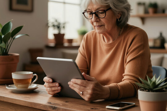 Elderly woman with glasses uses tablet in cozy room. She sips tea, browses internet, enjoys peaceful morning at home. Technology blends with comfort, relaxation.