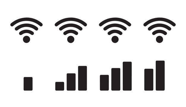 Signal strength indicator icons with wifi waves and vertical bar chart connection symbols.