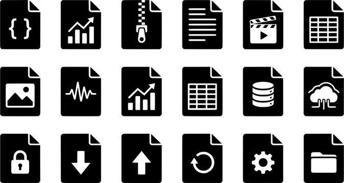 Programming code file, data presentation report, and compressed archived file icons representing digital documents and information management for technology and business applications