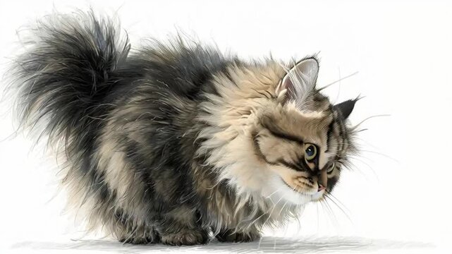 Cute fluffy grey kitten sitting on white background looking at camera