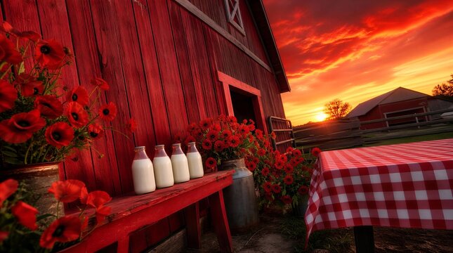 World Milk Day Red Barn Sunset Fresh Milk Bottles Poppy Flowers Dutch Angle Rustic Farm 4K