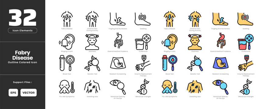 Fabry Disease Icon Set Collection - Colored Outline Line Art Style. Containing extreme pain, tingling, numbness, sweating, ringing in ears, dizziness, gastrointestinal problem, proteinuria, blood test