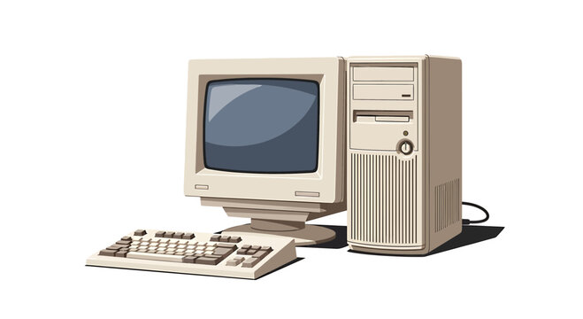 Retro 90s Desktop Computer Illustration with Monitor and Keyboard