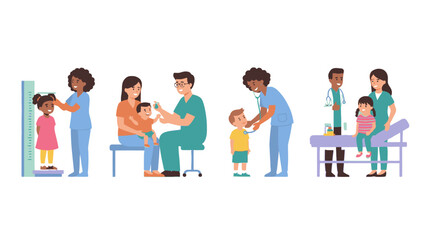 Fototapeta premium Pediatrician examining children in medical clinic vector set