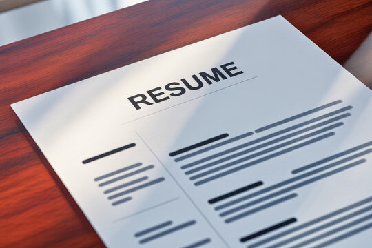 Resume document on desk for job application, career opportunity, hiring process or professional recruitment concept