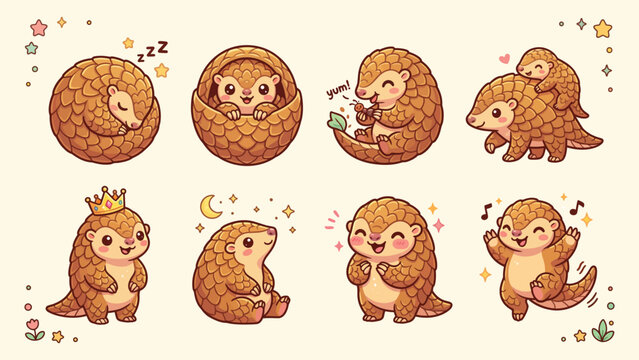 Cute cartoon pangolin stickers set with various expressions and poses
