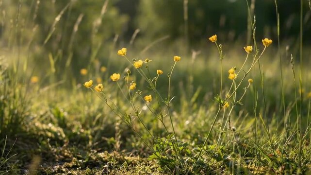 Golden meadow buttercup flower cluster glowing in tall grass at sunrise, low angle wildflower scene with warm bokeh, fresh countryside spring ambience and soft natural light for rural backgrounds