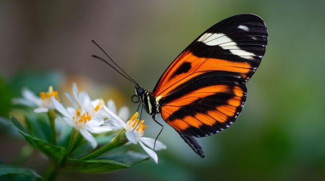 Ismenius tiger butterfly (heliconius ismenius) pollinating vibrant tropical flower in natural rainforest habitat, detailed orange and black patterned wings, exotic wildlife macro close up with colorfu