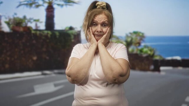 Woman with hands on cheeks touching her face on a street with ocean and stonewall nearby; quiet contemplation.