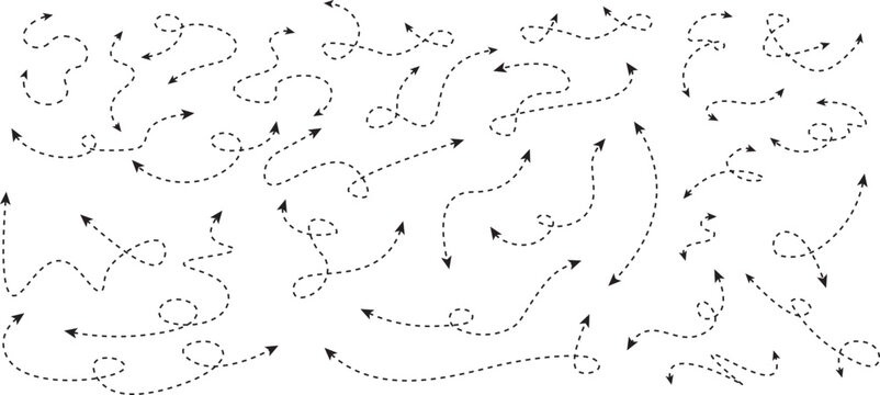 dashed curved arrows and directional vector set, featuring professional line icons for process flow. illustration of dashed curved hand drawn arrows Collection.

