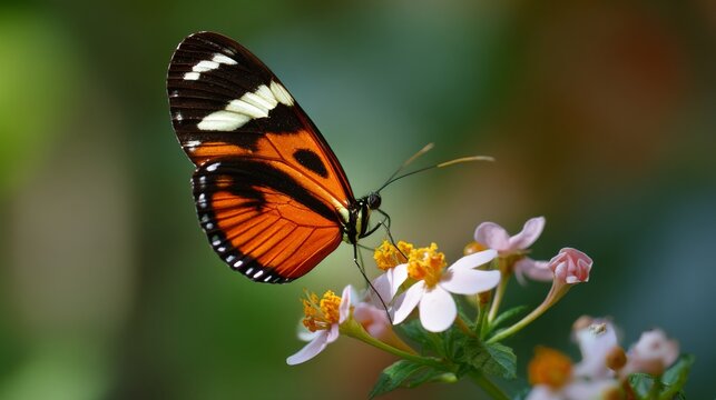 Ismenius tiger butterfly (heliconius ismenius) pollinating vibrant tropical flower in natural rainforest habitat, detailed orange and black patterned wings, exotic wildlife macro close up with colorfu