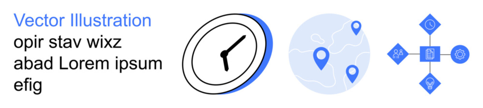 Business planning, navigation tools, data sharing, time tracking, digital transformation, technology. Clock graphic, location map interconnected nodes. Time tracking and navigation tools concept